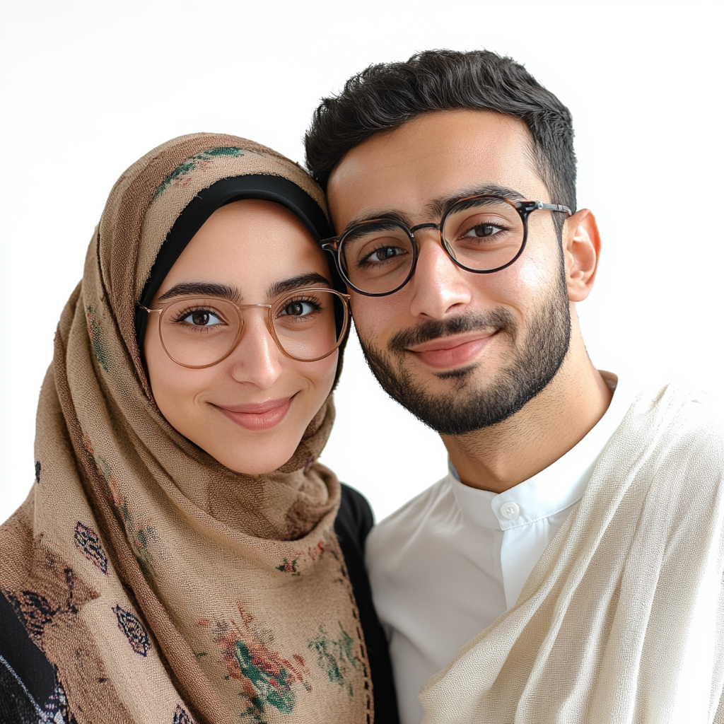 A Muslim couple smiling together during premarital counseling.