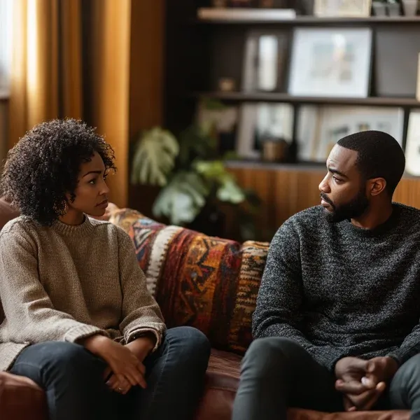 A couple in a warm counseling setting working on communication and repair.
